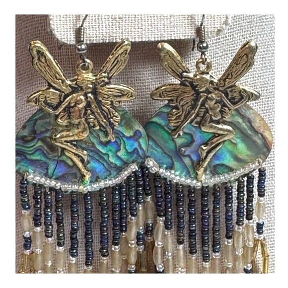 Fairy Abalone & Beaded Dangle Earrings Chandelier Gold Accents 5" Hook Fantasy - Picture 2 of 10